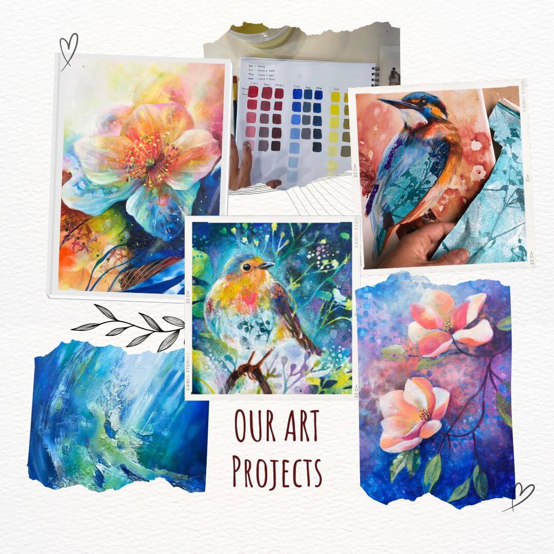 Vibrant Art Visions, mixed media art classes, collage art, Marie Ndolo, Vibrant art, Vibrant kingfisher, christmas robin, magic magnolia, texture landscape