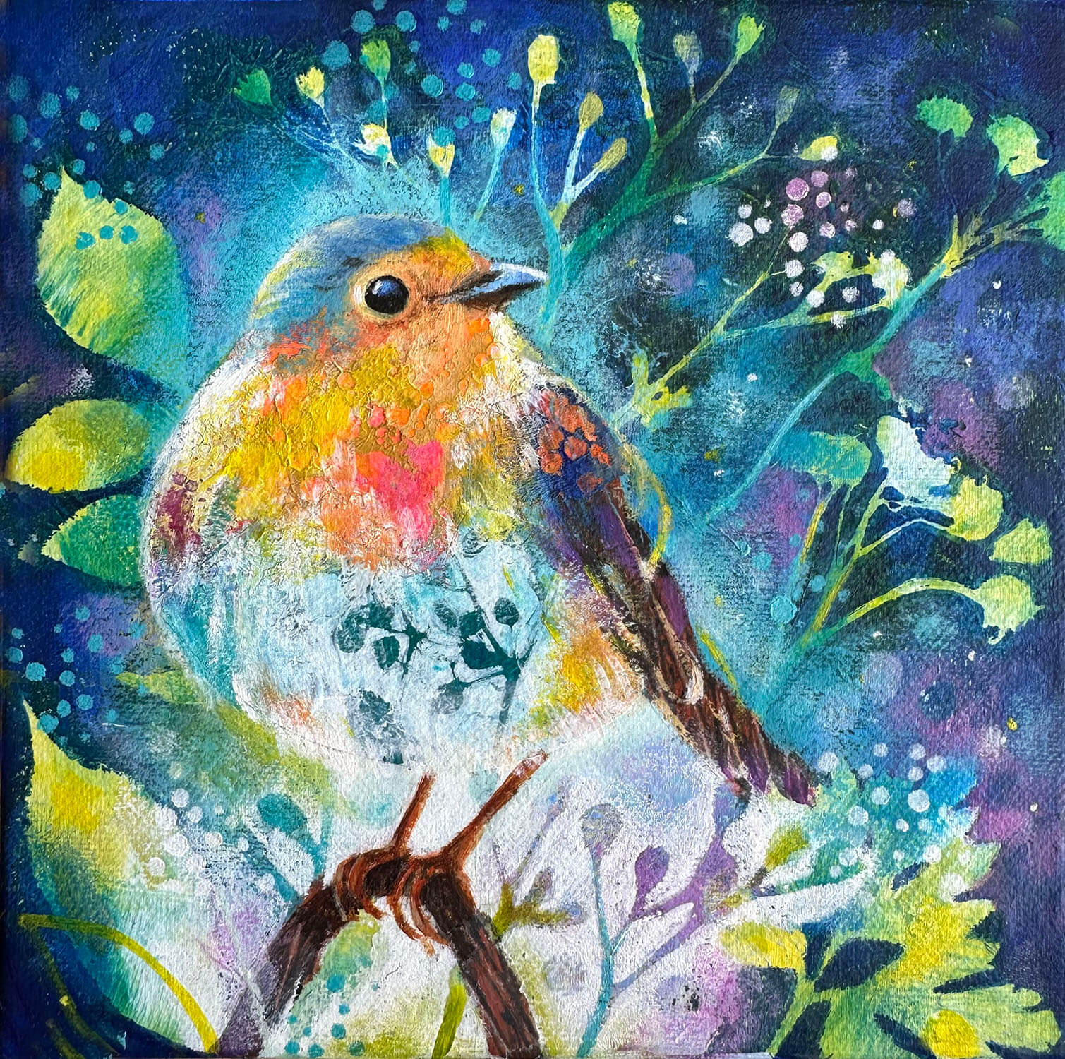 Robin, Christmas Robin, mixed media art, art class, collage art, collage robin, Marie Ndolo, Vibrant colours