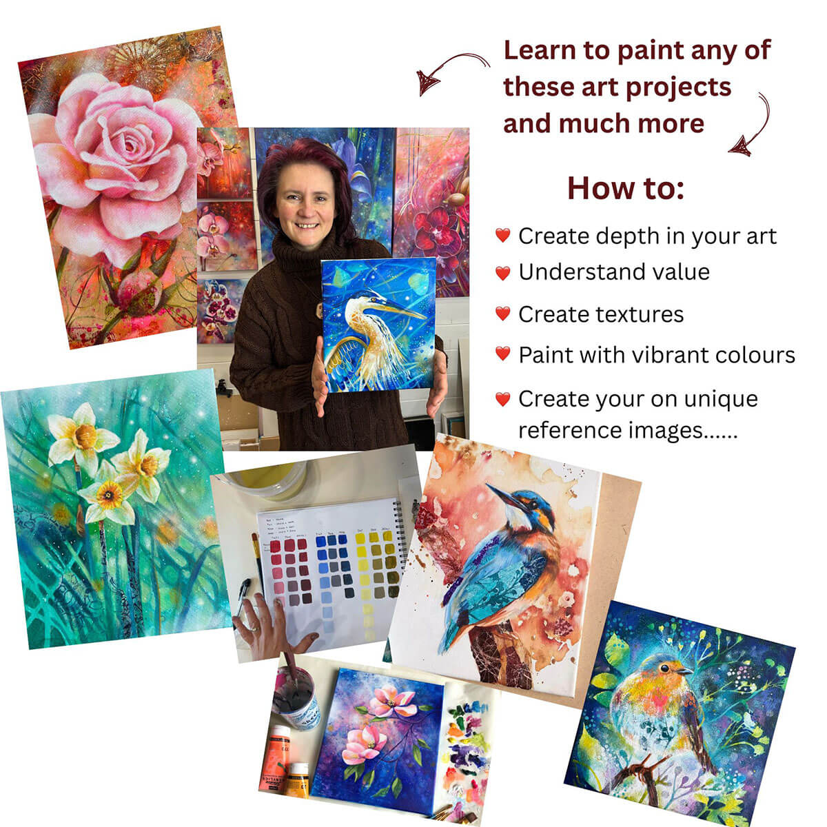 Online art class, art membership, learn mixed media art, Marie Ndolo, Vibrant Art Visions, mixed media membership, learn from home, learn to paint flowers