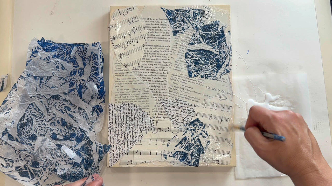 Collage, mixed media art membership, online mixed media class, Marie Ndolo, gelli printing,