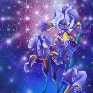 Iris flower painting, sacred geometry art, vibrant art, Marie Ndolo, Magical art, Divine Universe, Grace, Purple flowers, original work