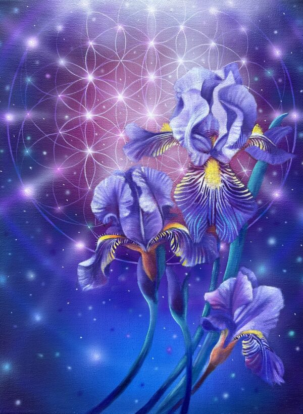 Iris flower painting, sacred geometry art, vibrant art, Marie Ndolo, Magical art, Divine Universe, Grace, Purple flowers, original work